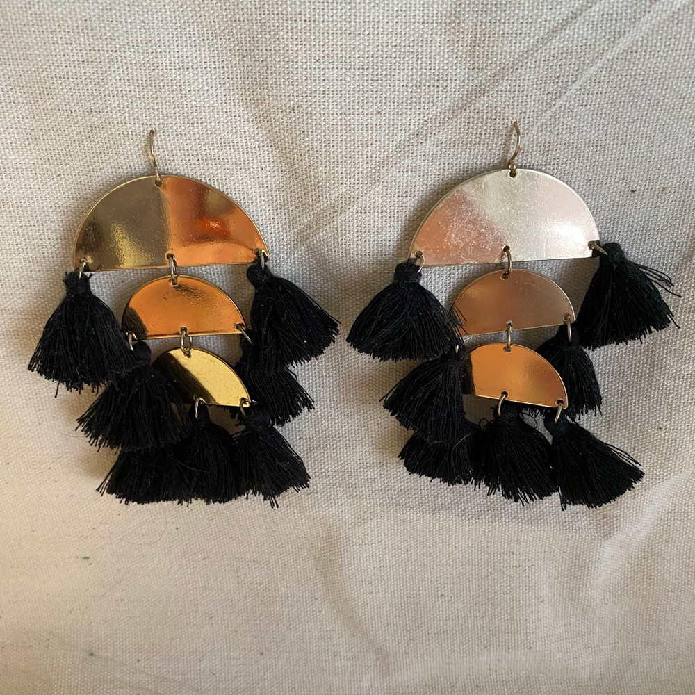 Gold and black tassel chandelier earrings